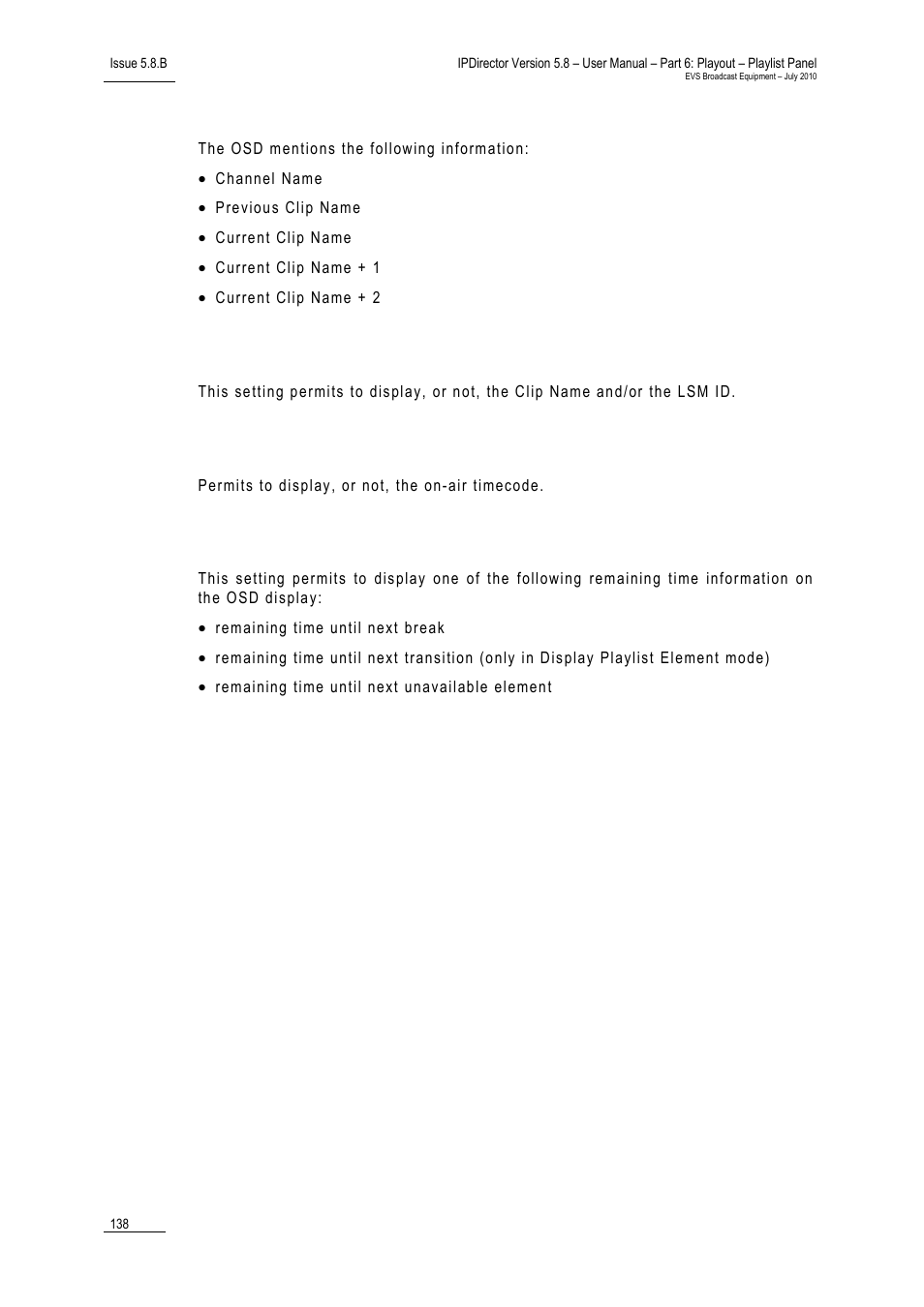 Display playlist elements, Clip information, Display current on-air timecode | Display remaining time | EVS IPDirector Version 5.8 - July 2010 Part 6 User's Manual User Manual | Page 149 / 178