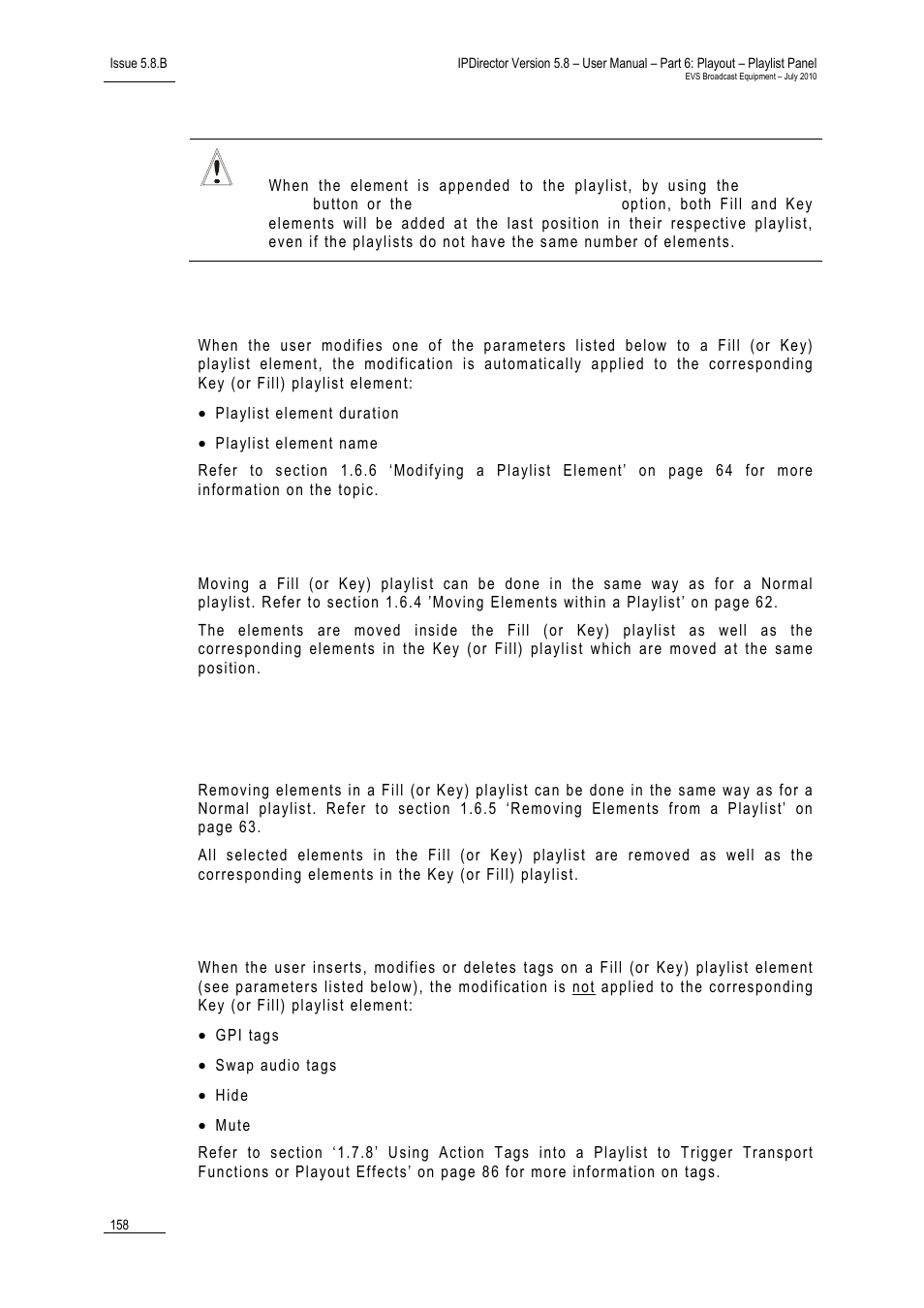 Modifying an element in a fill or key playlist, Moving fill and key playlist elements, Modifying tags of a fill or key playlist element | EVS IPDirector Version 5.8 - July 2010 Part 6 User's Manual User Manual | Page 169 / 178