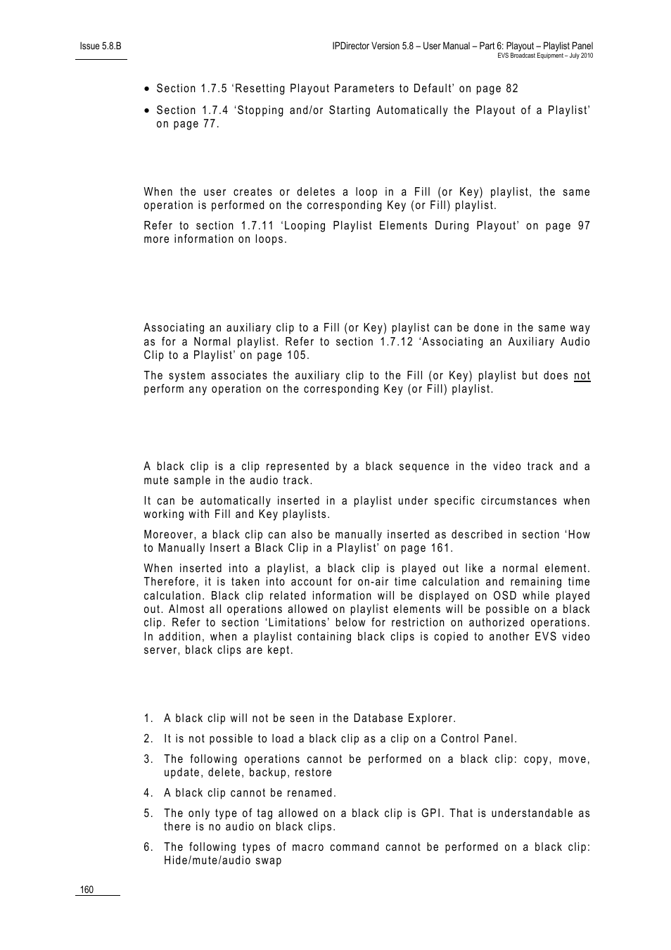 Looping playlist elements, 5 black clips management, Limitations | Black clips management | EVS IPDirector Version 5.8 - July 2010 Part 6 User's Manual User Manual | Page 171 / 178