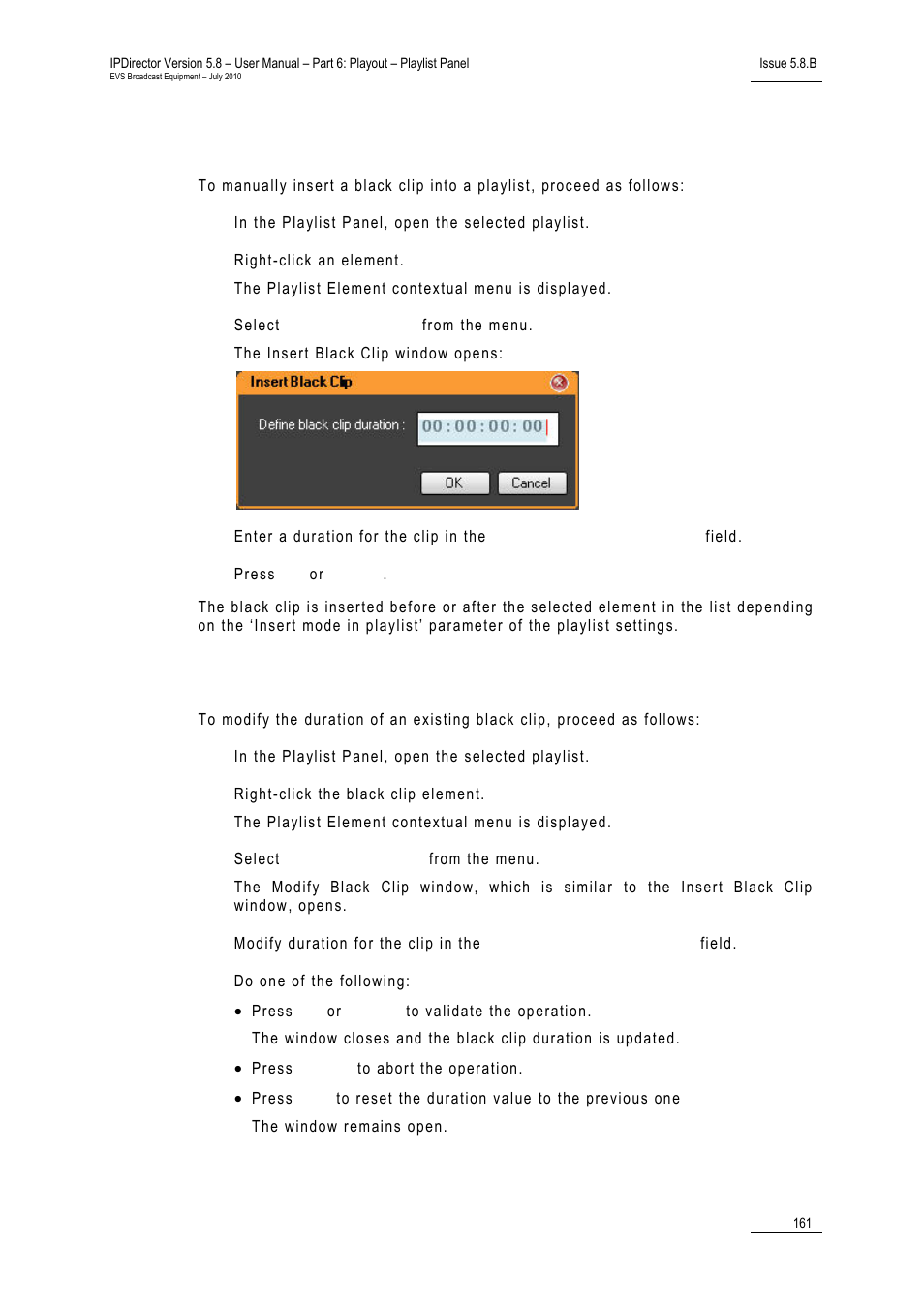 How to manually insert a black clip in a playlist, How to modify a black clip duration | EVS IPDirector Version 5.8 - July 2010 Part 6 User's Manual User Manual | Page 172 / 178