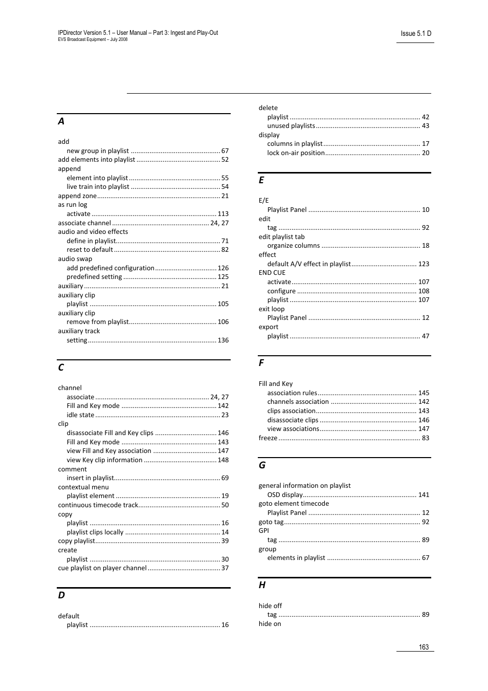 Index | EVS IPDirector Version 5.8 - July 2010 Part 6 User's Manual User Manual | Page 174 / 178