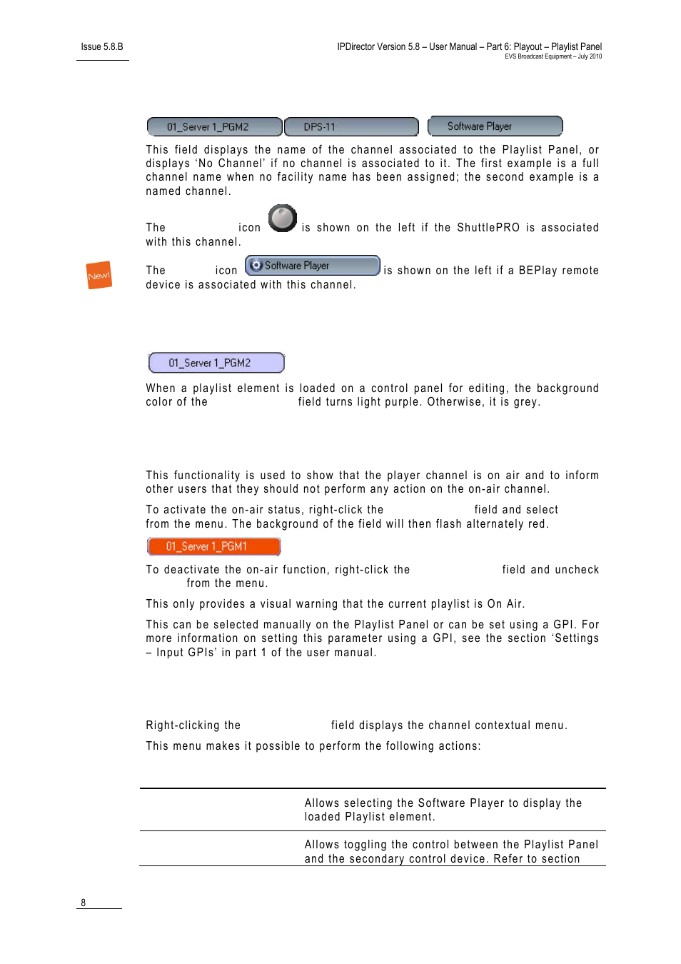 Channel name field, Playlist / control panel association display, On-air display | Channel contextual menu | EVS IPDirector Version 5.8 - July 2010 Part 6 User's Manual User Manual | Page 19 / 178