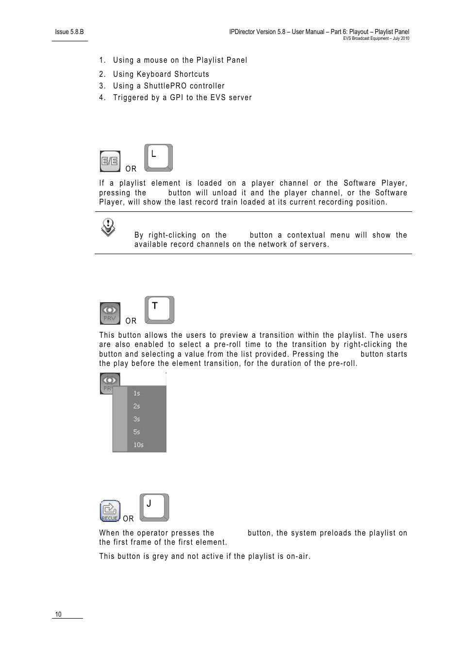 E/e button, Preview transition button, Recue button | EVS IPDirector Version 5.8 - July 2010 Part 6 User's Manual User Manual | Page 21 / 178