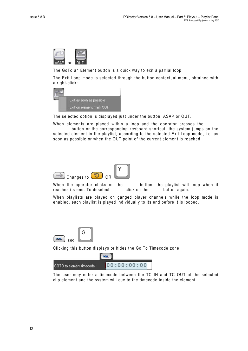 Goto an element button, Loop button, Go to element timecode button | EVS IPDirector Version 5.8 - July 2010 Part 6 User's Manual User Manual | Page 23 / 178