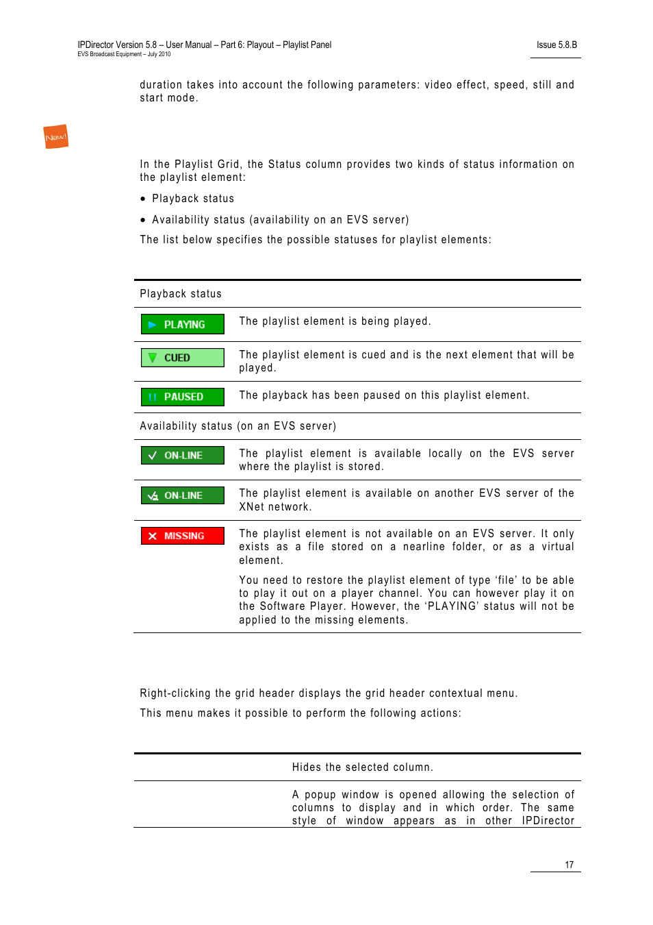 Playlist element statuses, Grid header contextual menu | EVS IPDirector Version 5.8 - July 2010 Part 6 User's Manual User Manual | Page 28 / 178