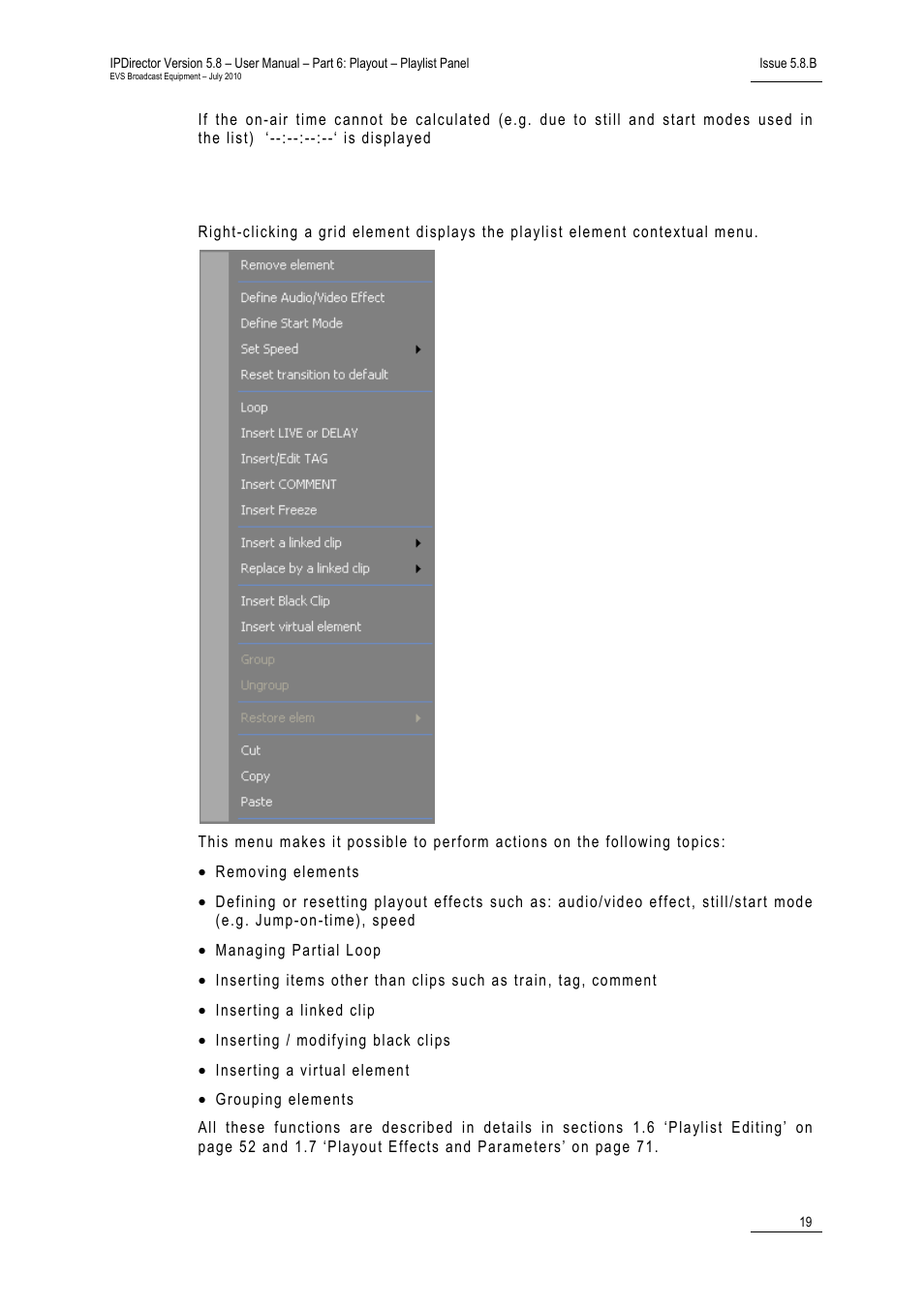 Playlist element contextual menu | EVS IPDirector Version 5.8 - July 2010 Part 6 User's Manual User Manual | Page 30 / 178