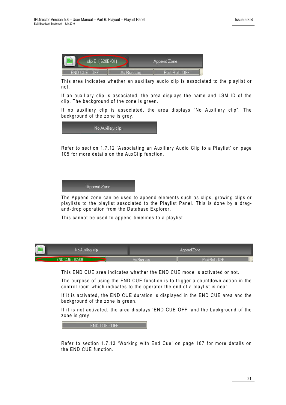 Auxclip name area, Append zone, End cue area | EVS IPDirector Version 5.8 - July 2010 Part 6 User's Manual User Manual | Page 32 / 178