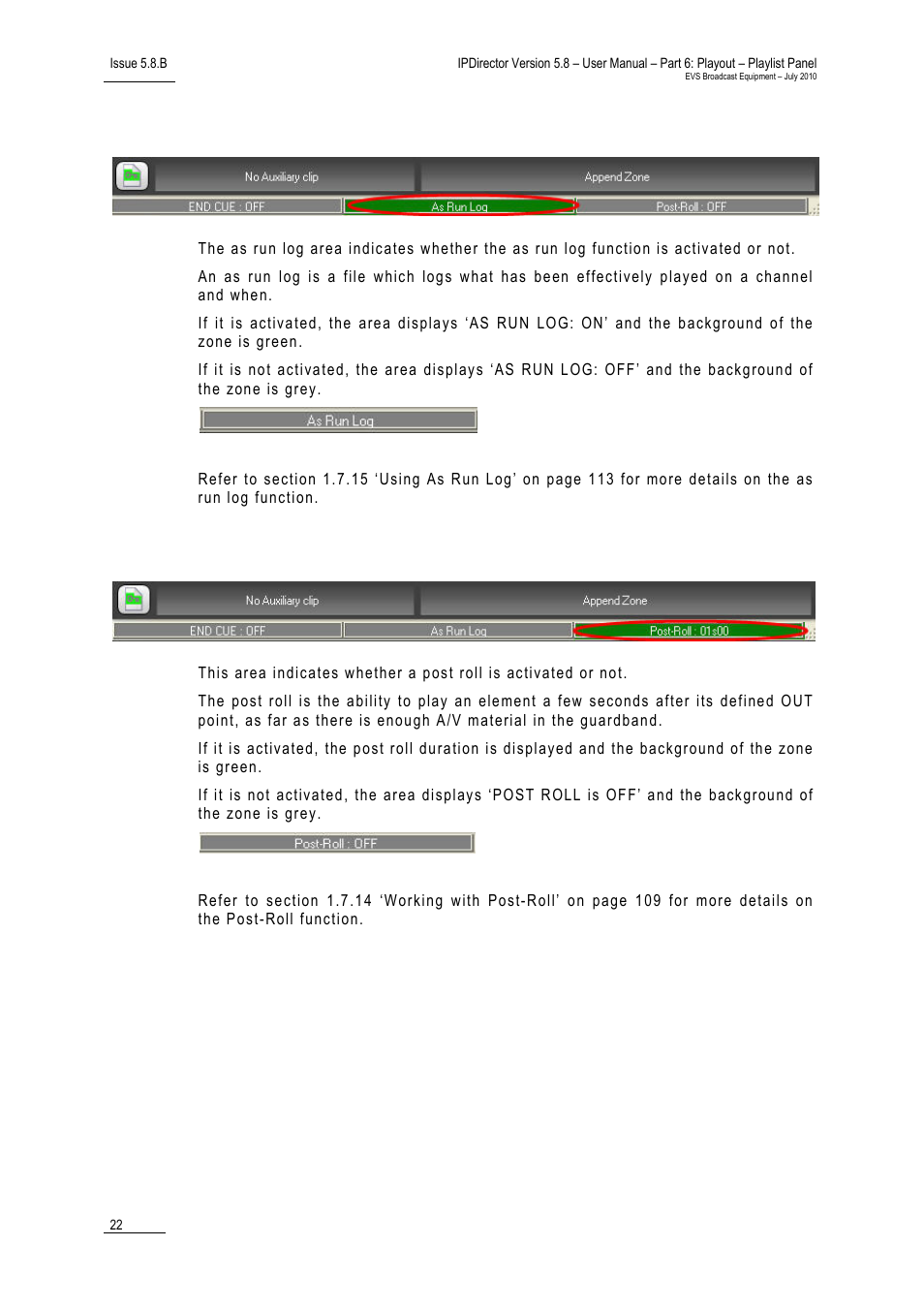 As run log area, Post roll area | EVS IPDirector Version 5.8 - July 2010 Part 6 User's Manual User Manual | Page 33 / 178