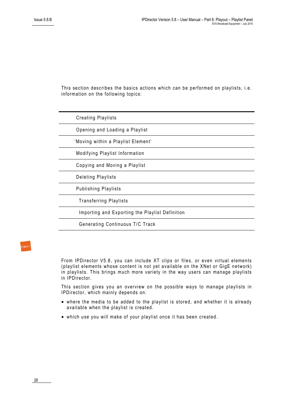 5 playlist management, 1 overview of the section, Overview of playlist management processes | Playlist management, Overview of the section, Verview of the, Ection, Verview of, Laylist, Anagement | EVS IPDirector Version 5.8 - July 2010 Part 6 User's Manual User Manual | Page 39 / 178