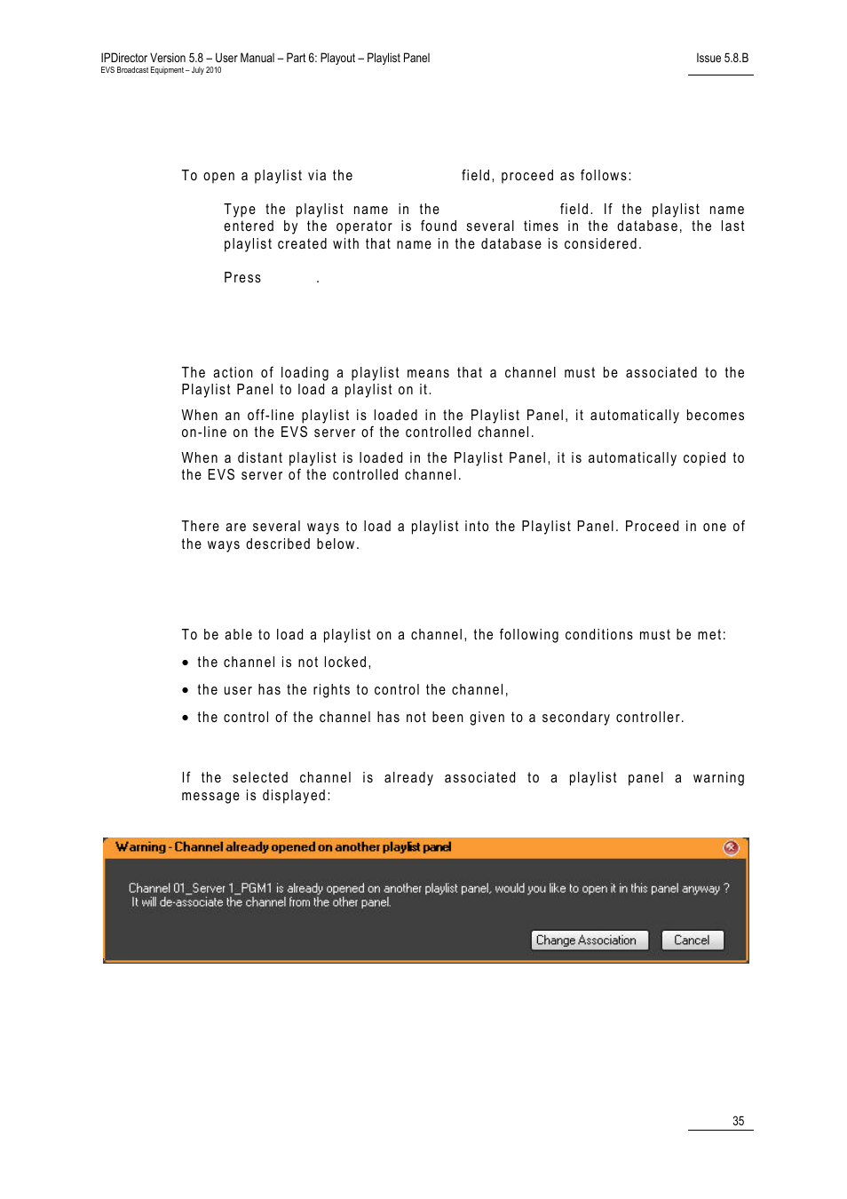 How to open a playlist via the playlist name field, Loading a playlist, Limitations for loading a playlist | Channel already associated to a playlist panel | EVS IPDirector Version 5.8 - July 2010 Part 6 User's Manual User Manual | Page 46 / 178