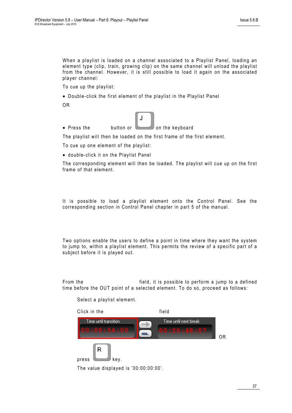 How to cue up a playlist to the player channel, Loading a playlist element onto the control panel, 5 moving within a playlist element | How to jump to a remaining time value, Moving within a playlist element, Oving within a, Laylist, Lement | EVS IPDirector Version 5.8 - July 2010 Part 6 User's Manual User Manual | Page 48 / 178