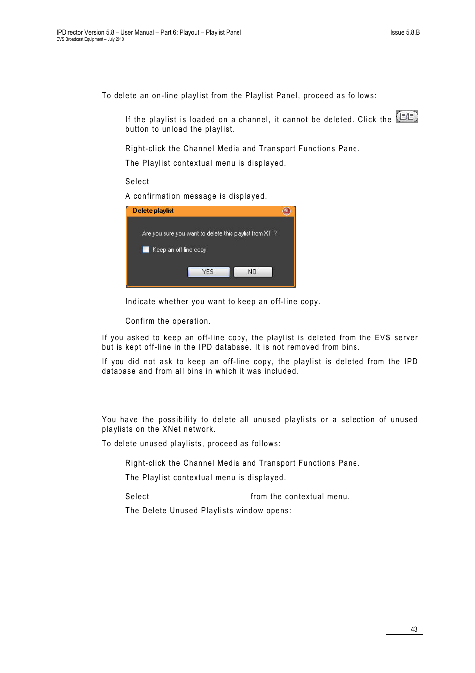 How to delete an on-line playlist, How to delete unused playlists | EVS IPDirector Version 5.8 - July 2010 Part 6 User's Manual User Manual | Page 54 / 178