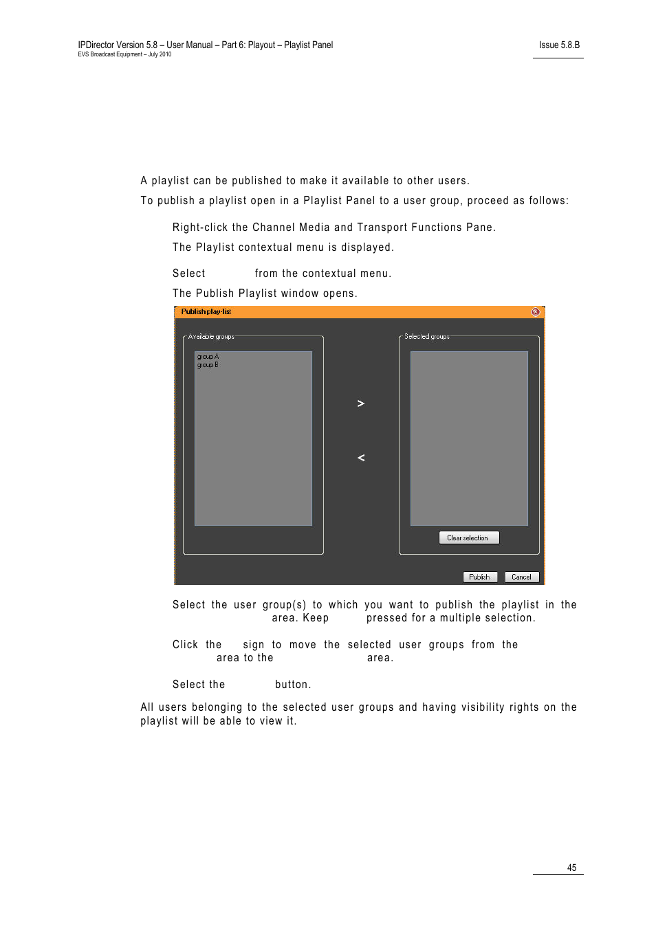 9 publishing playlists, How to publish a playlist to a user group, Publishing playlists | 9 ‘ publishing playlists, Ublishing, Laylists | EVS IPDirector Version 5.8 - July 2010 Part 6 User's Manual User Manual | Page 56 / 178