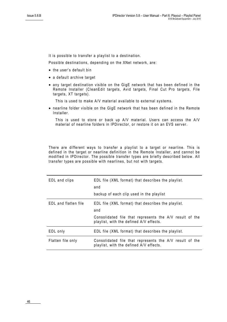 10 transferring playlists, Destination types, Transfer types | Transferring playlists, 10 ‘transferring playlists, 10 ‘ transferring playlists, 10 ‘transferring, Playlists, 10 t, Ransferring | EVS IPDirector Version 5.8 - July 2010 Part 6 User's Manual User Manual | Page 57 / 178