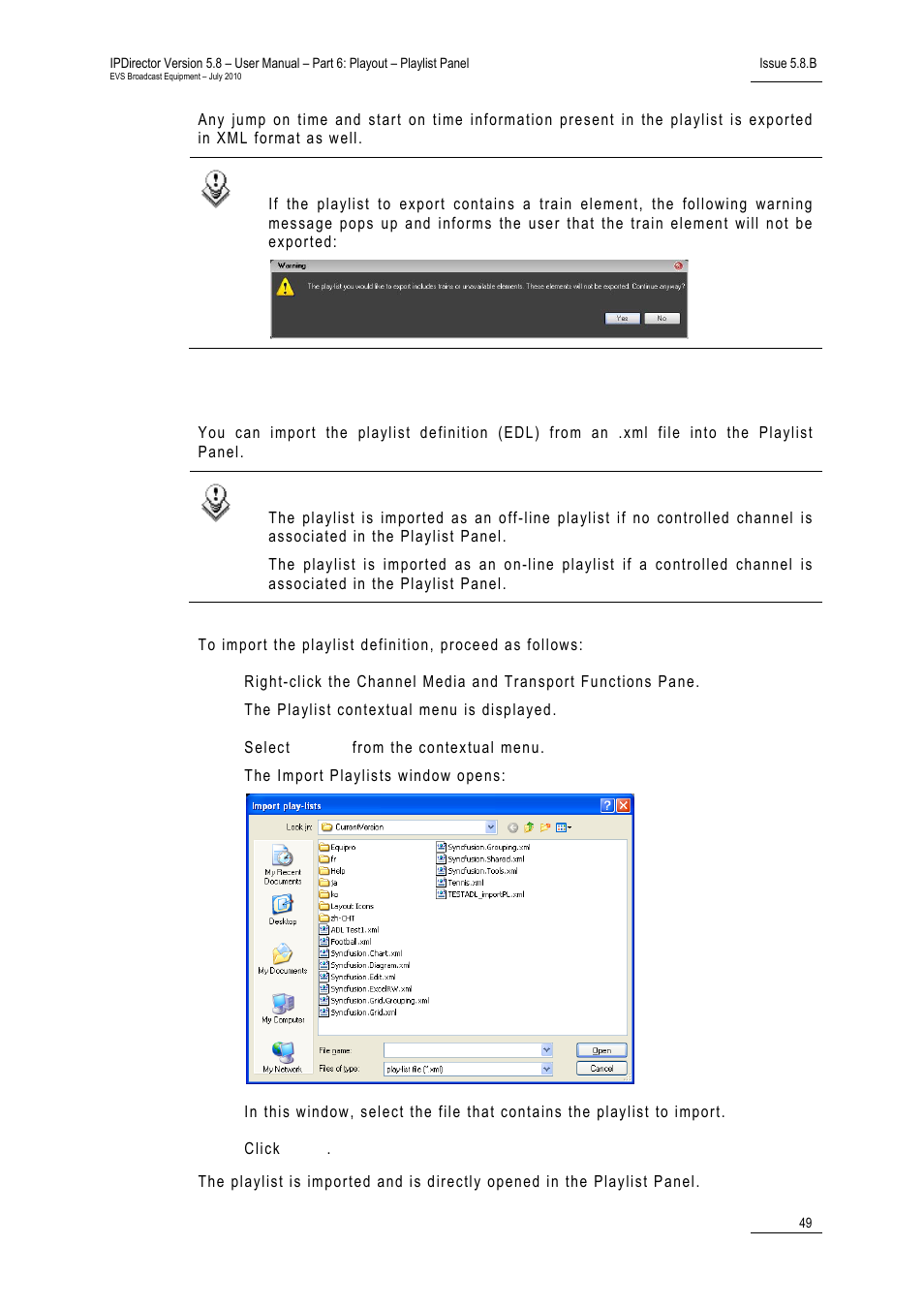 How to import the playlist definition | EVS IPDirector Version 5.8 - July 2010 Part 6 User's Manual User Manual | Page 60 / 178