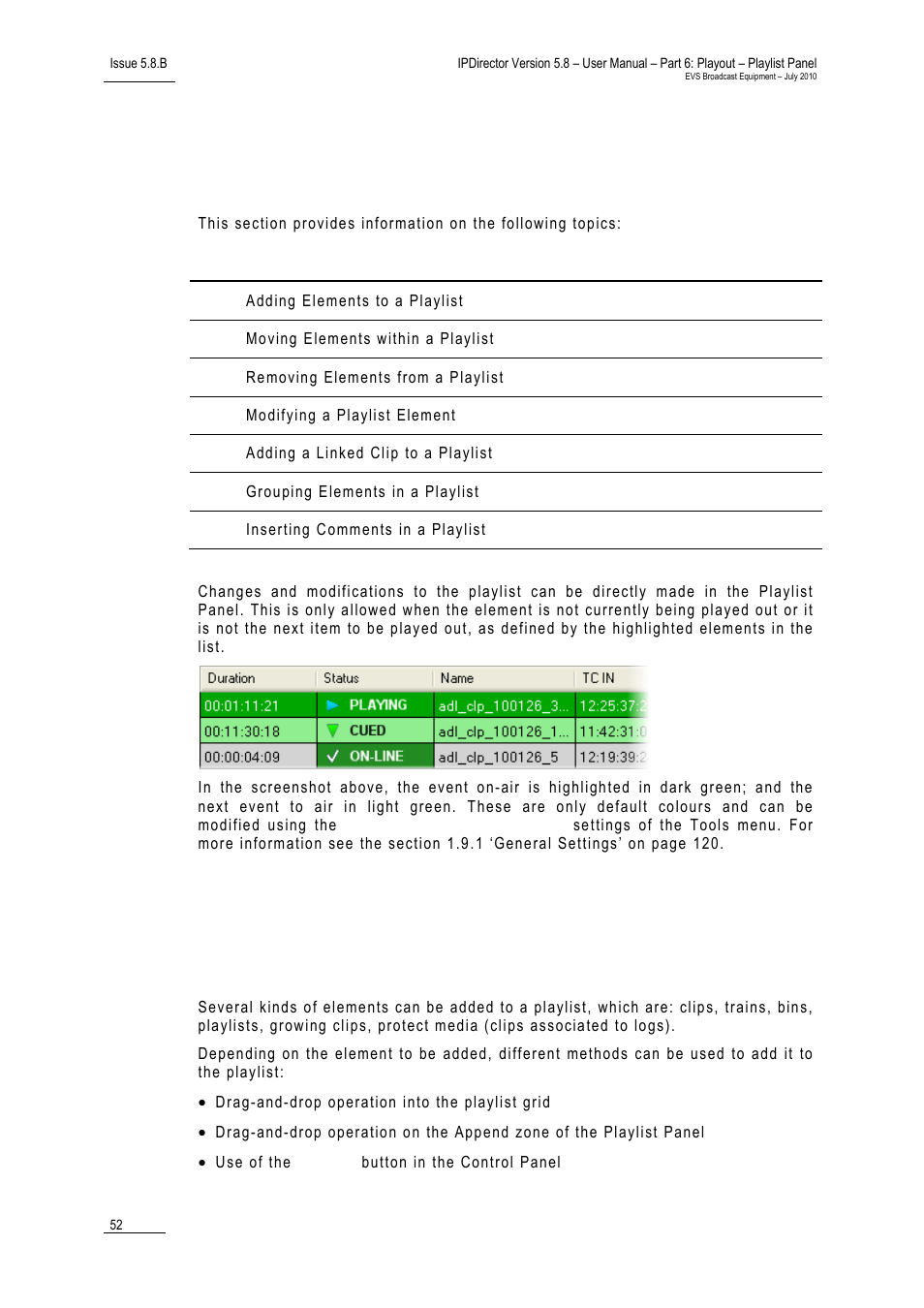 6 playlist editing, 1 adding elements to a playlist, Possible operations | Playlist editing, Adding elements to a playlist, 6 ‘playlist editing, 52 an, 1 ‘adding elements to a playlist, 1 ‘adding elements, To a playlist | EVS IPDirector Version 5.8 - July 2010 Part 6 User's Manual User Manual | Page 63 / 178
