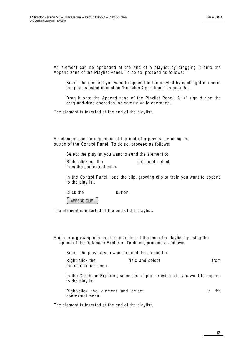 How to append an element at the end of a playlist, Dragging the element onto the append zone, Using the append clip button of the control panel | Sending to the default playlist | EVS IPDirector Version 5.8 - July 2010 Part 6 User's Manual User Manual | Page 66 / 178