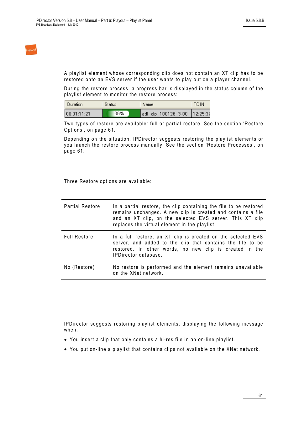 Restoring a playlist element, Introduction, Restore options | Restore processes, Restoring clips via the restore clips message, 3 ‘restoring a playlist element, Estoring a, Laylist, Lement | EVS IPDirector Version 5.8 - July 2010 Part 6 User's Manual User Manual | Page 72 / 178