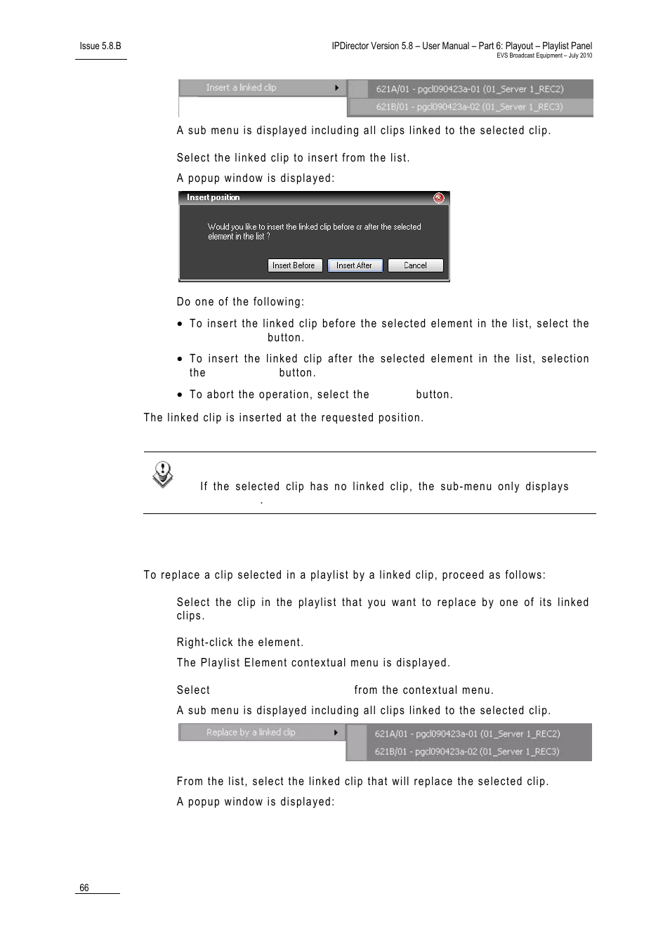 How to replace a clip by a linked clip | EVS IPDirector Version 5.8 - July 2010 Part 6 User's Manual User Manual | Page 77 / 178
