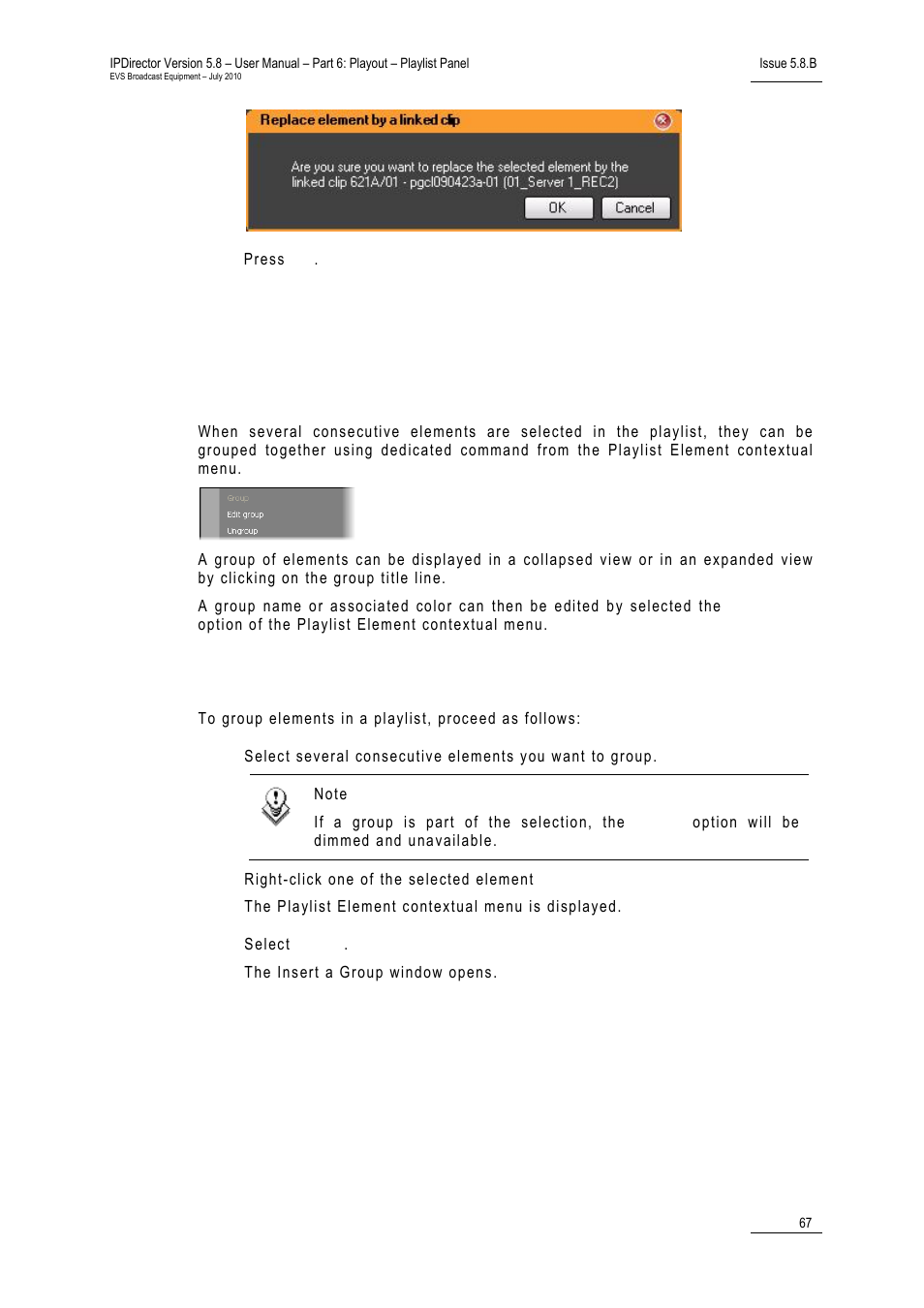8 grouping elements in a playlist, Introduction, How to (un-)group elements within a playlist | Grouping elements in a playlist, Rouping, Lements in a, Laylist | EVS IPDirector Version 5.8 - July 2010 Part 6 User's Manual User Manual | Page 78 / 178