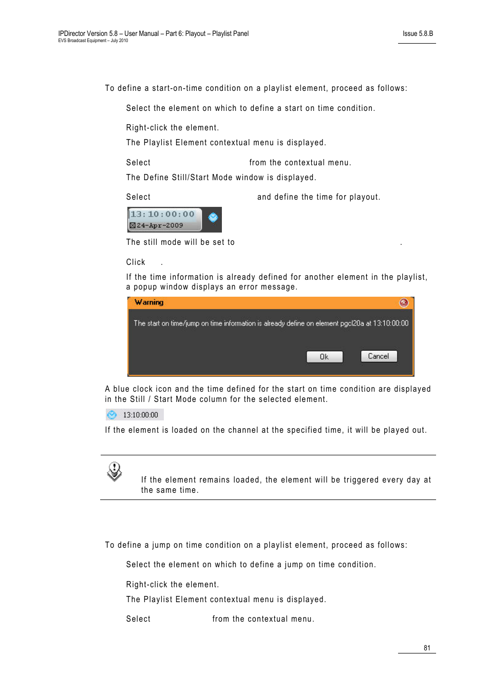 How to define a start-on-time condition, How to define a jump-on-time condition | EVS IPDirector Version 5.8 - July 2010 Part 6 User's Manual User Manual | Page 92 / 178