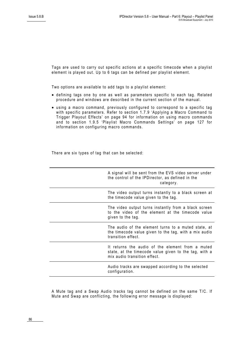 Introduction, Tag types, Limitation for the use of tags | 8 ‘ using action tags into a playlist to trigger, Transport functions or playout effects, Sing, Ction, Ags into a, Laylist to, Rigger | EVS IPDirector Version 5.8 - July 2010 Part 6 User's Manual User Manual | Page 97 / 178