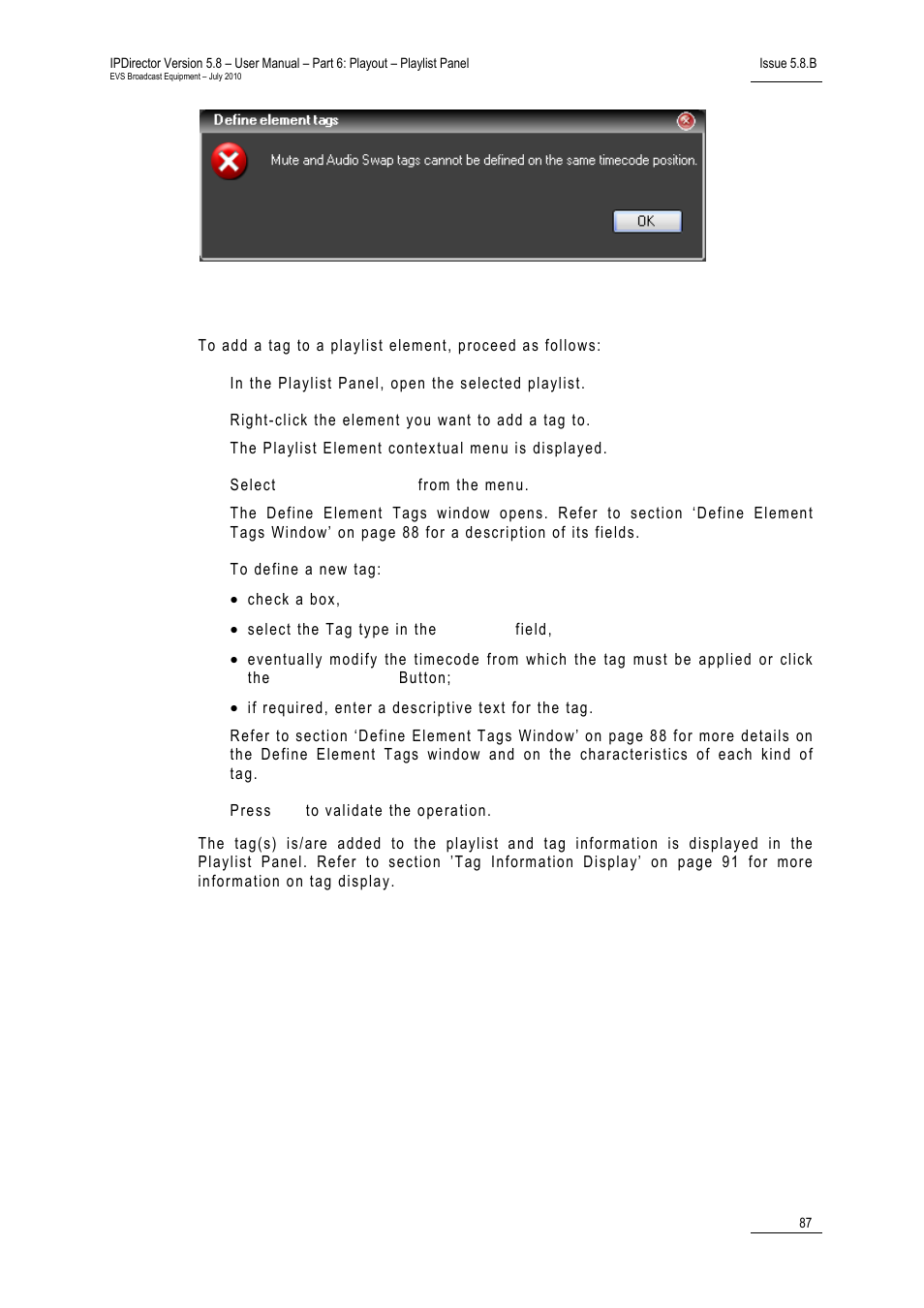 How to add a tag to a playlist element | EVS IPDirector Version 5.8 - July 2010 Part 6 User's Manual User Manual | Page 98 / 178