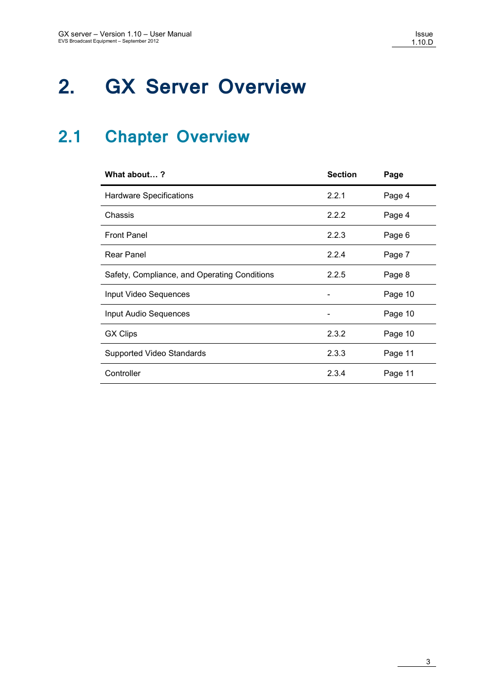 Gx server overview, 1 chapter overview, Erver | Verview | EVS GX Version 1.10 User’s Manual User Manual | Page 11 / 74