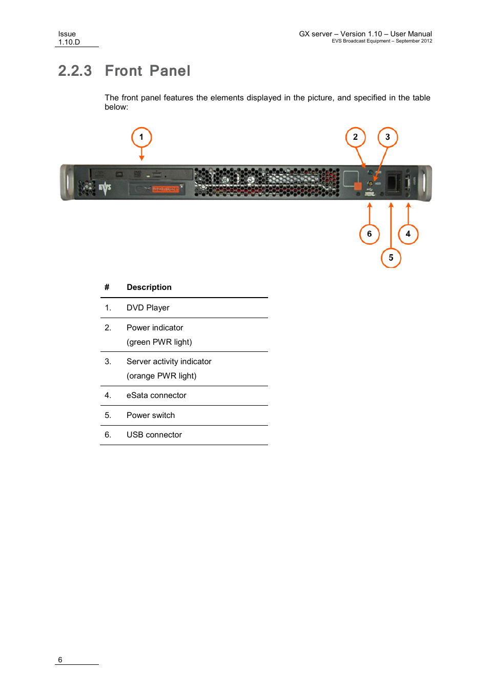 3 front panel, Front panel | EVS GX Version 1.10 User’s Manual User Manual | Page 14 / 74