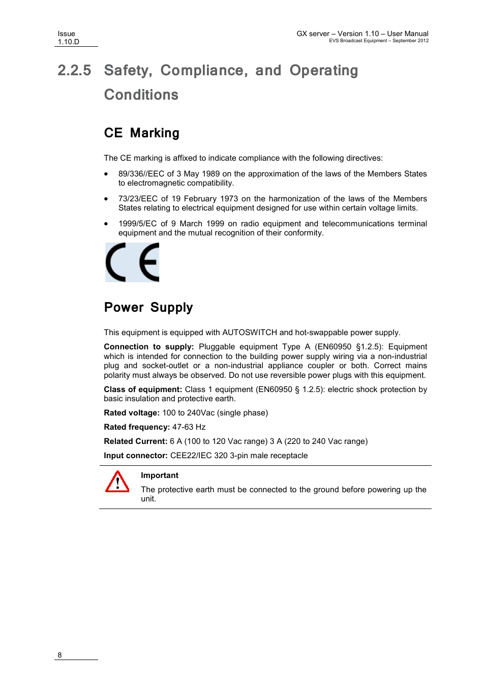 5 safety, compliance, and operating conditions, Ce marking, Power supply | Safety, compliance, and operating conditions | EVS GX Version 1.10 User’s Manual User Manual | Page 16 / 74