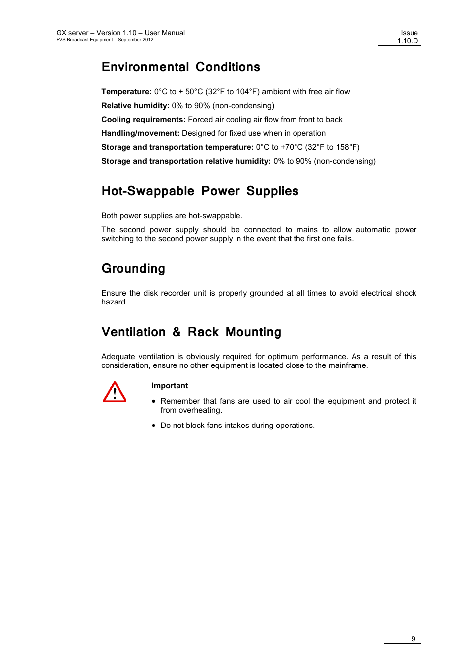 Environmental conditions, Hot-swappable power supplies, Grounding | Ventilation & rack mounting | EVS GX Version 1.10 User’s Manual User Manual | Page 17 / 74