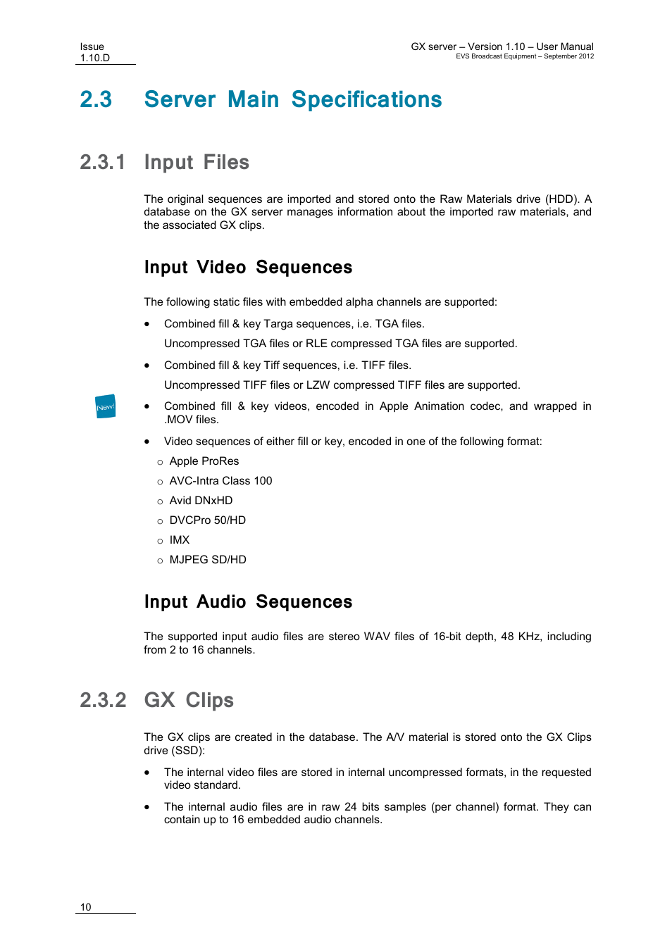 3 server main specifications, 1 input files, Input video sequences | Input audio sequences, 2 gx clips, Input files, Gx clips, E 10 | EVS GX Version 1.10 User’s Manual User Manual | Page 18 / 74