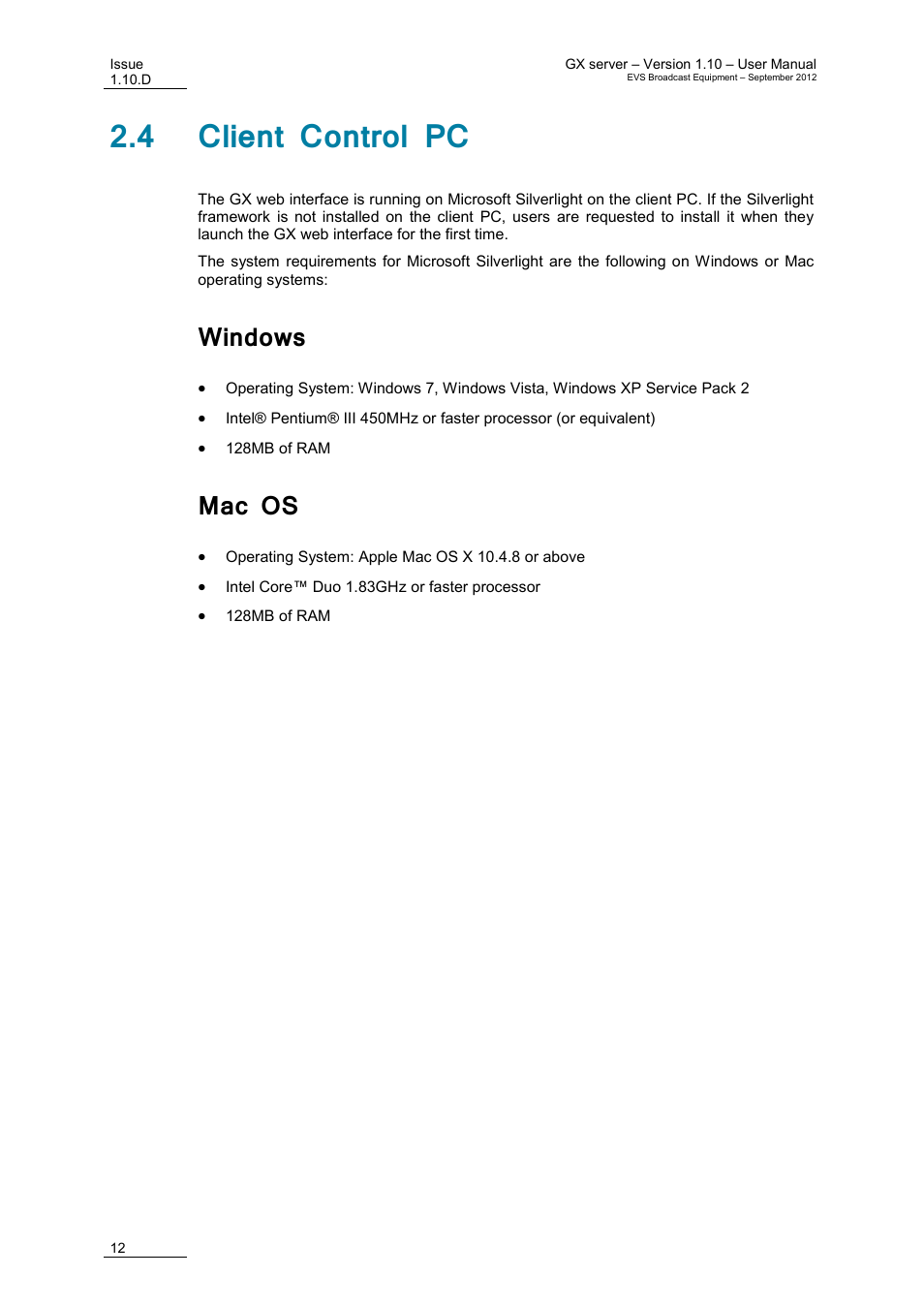 4 client control pc, Windows, Mac os | EVS GX Version 1.10 User’s Manual User Manual | Page 20 / 74