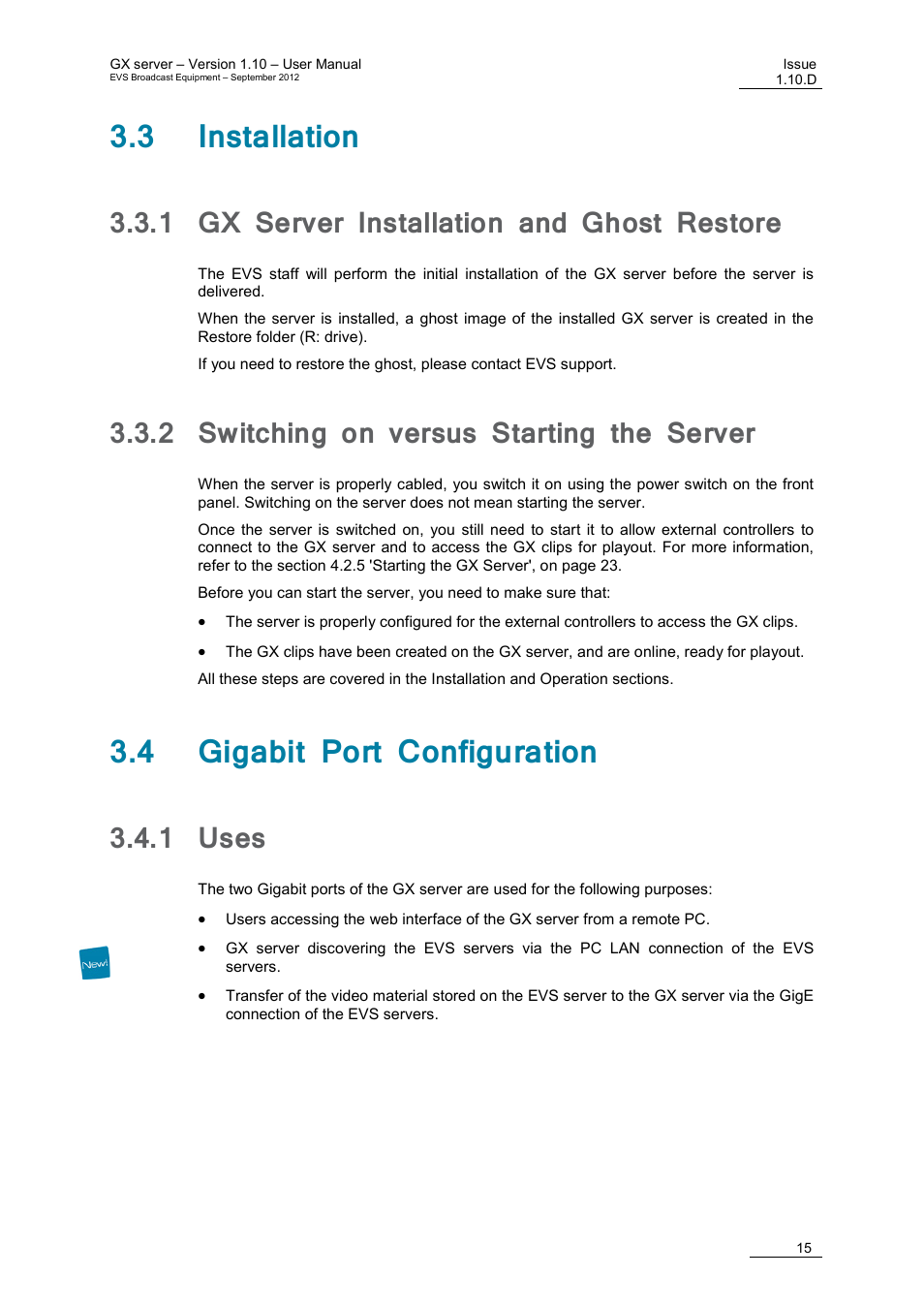 3 installation, 1 gx server installation and ghost restore, 2 switching on versus starting the server | 4 gigabit port configuration, 1 uses, Gx server installation and ghost restore, Switching on versus starting the server, Uses, E 15, Ge 15 | EVS GX Version 1.10 User’s Manual User Manual | Page 23 / 74