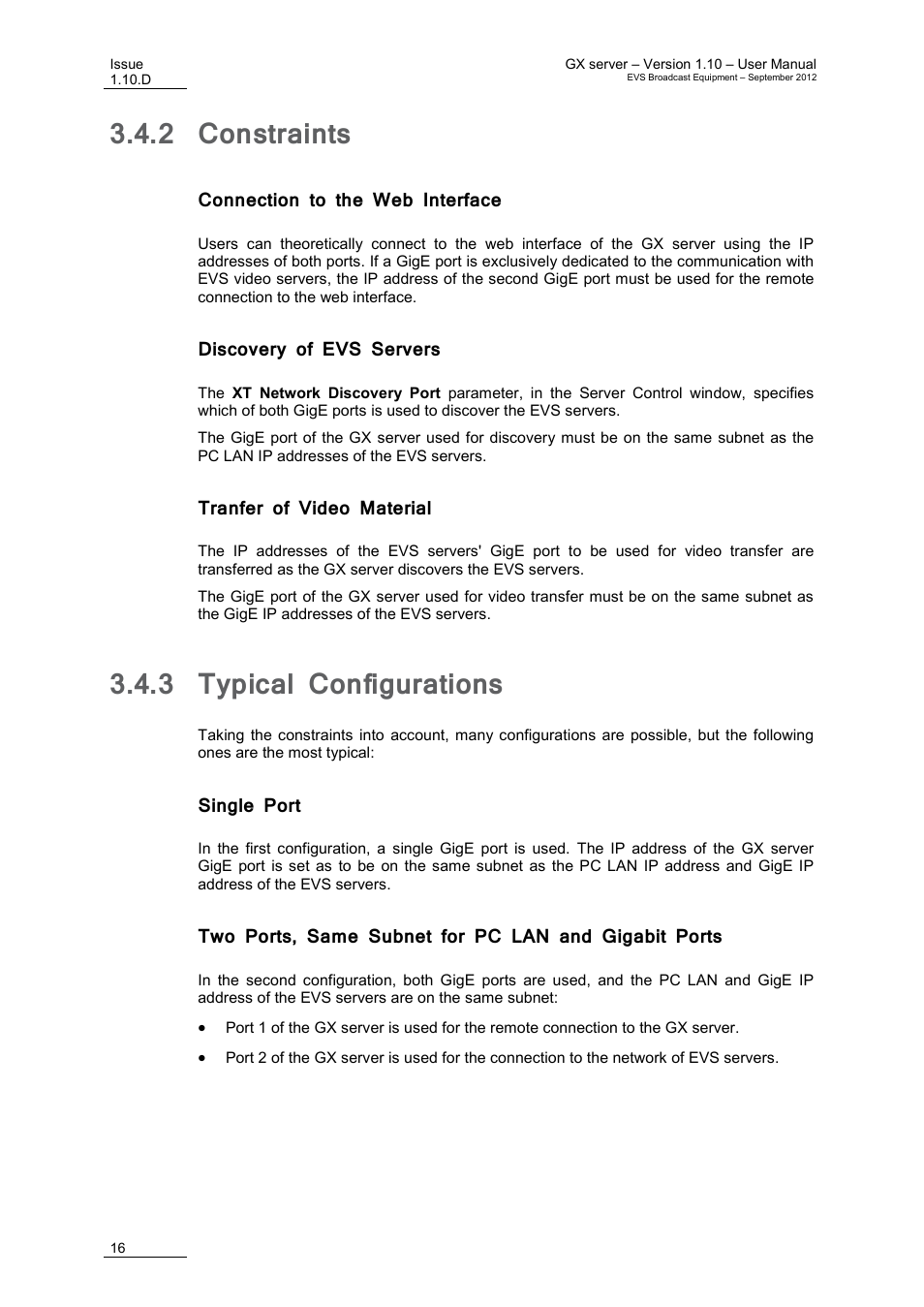 2 constraints, Connection to the web interface, Discovery of evs servers | Tranfer of video material, 3 typical configurations, Single port, Constraints, Typical configurations | EVS GX Version 1.10 User’s Manual User Manual | Page 24 / 74