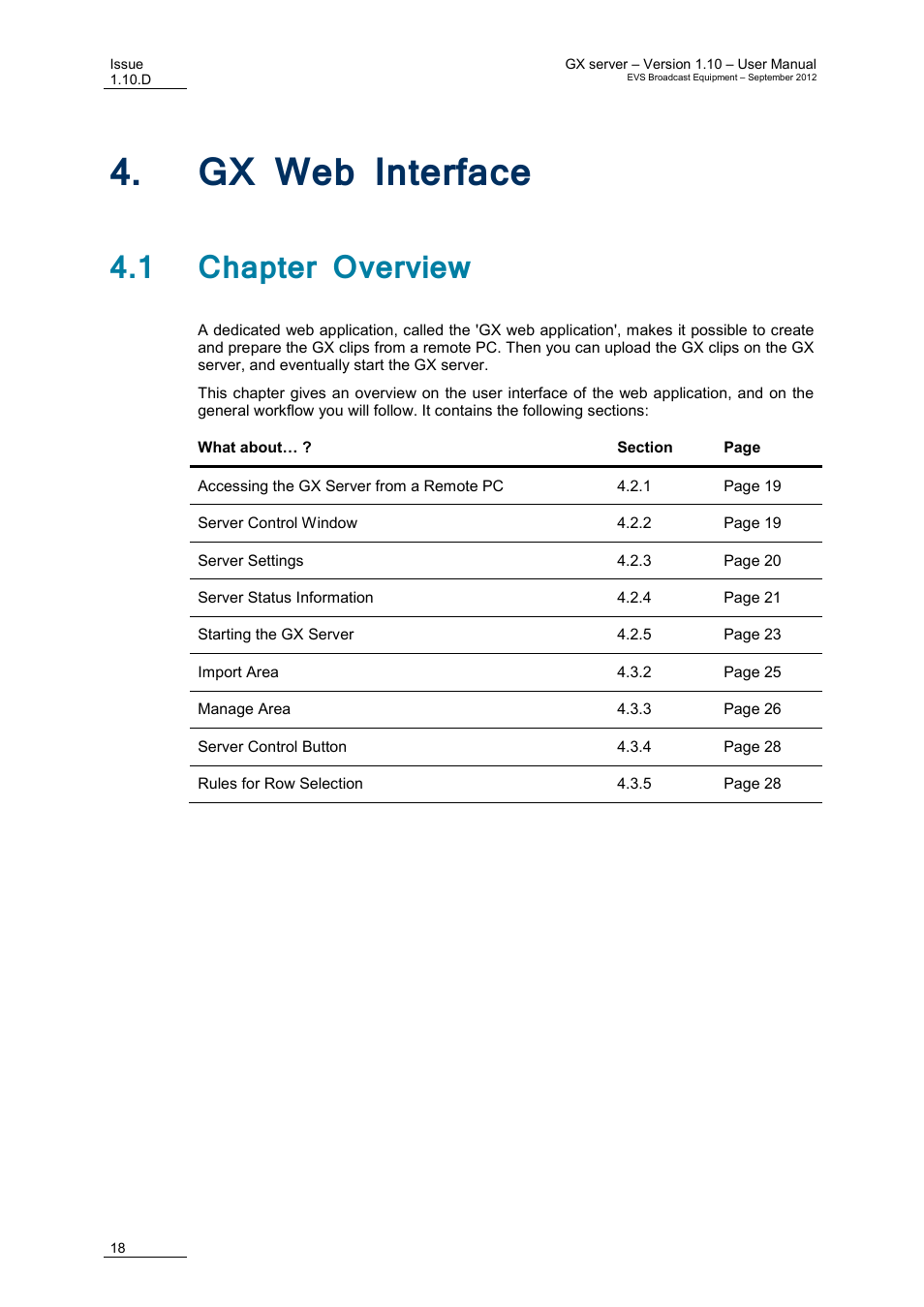 Gx web interface, 1 chapter overview, Nterface | EVS GX Version 1.10 User’s Manual User Manual | Page 26 / 74
