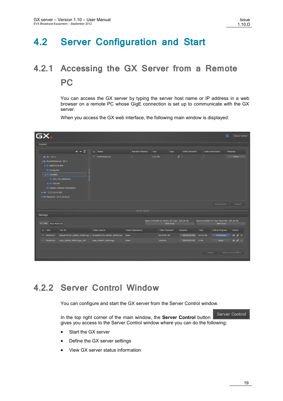 2 server configuration and start, 1 accessing the gx server from a remote pc, 2 server control window | Accessing the gx server from a remote pc, Server control window, E 19 | EVS GX Version 1.10 User’s Manual User Manual | Page 27 / 74