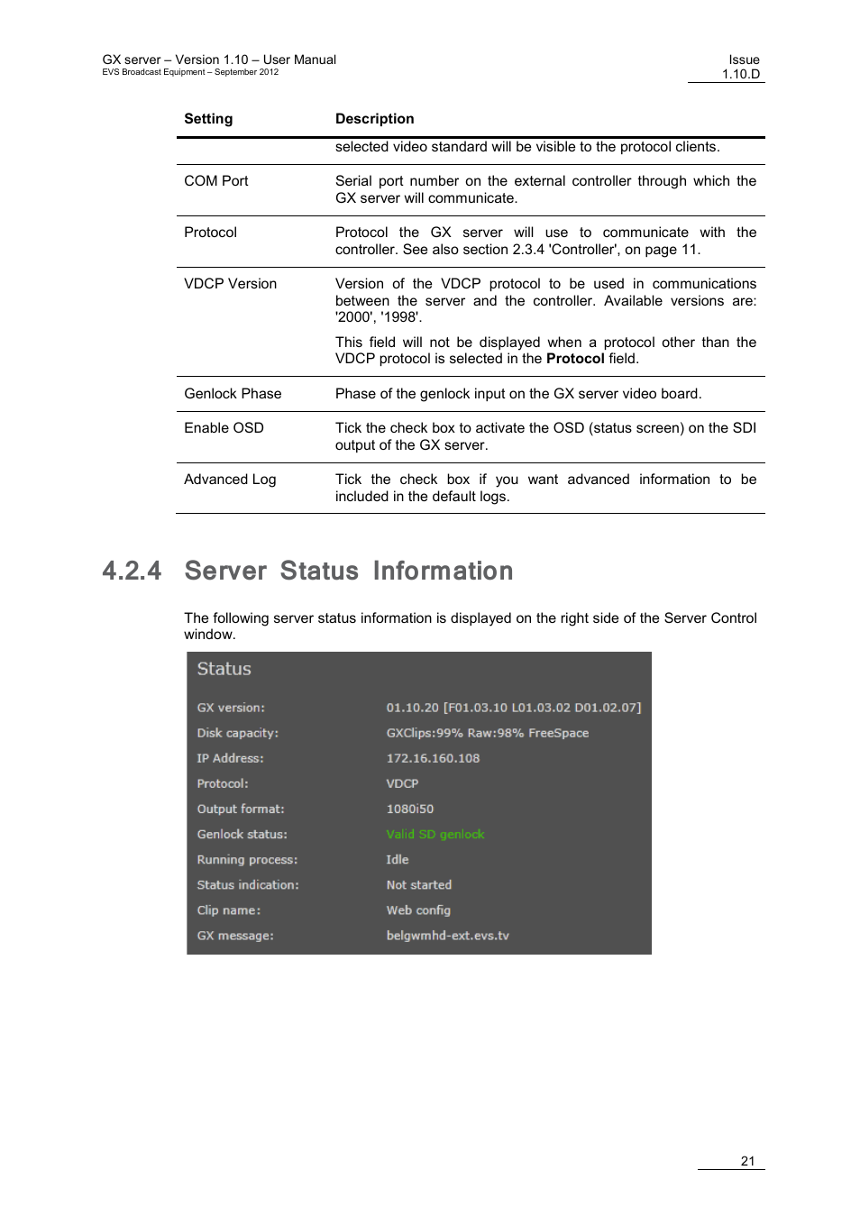 4 server status information, Server status information, E 21 | EVS GX Version 1.10 User’s Manual User Manual | Page 29 / 74