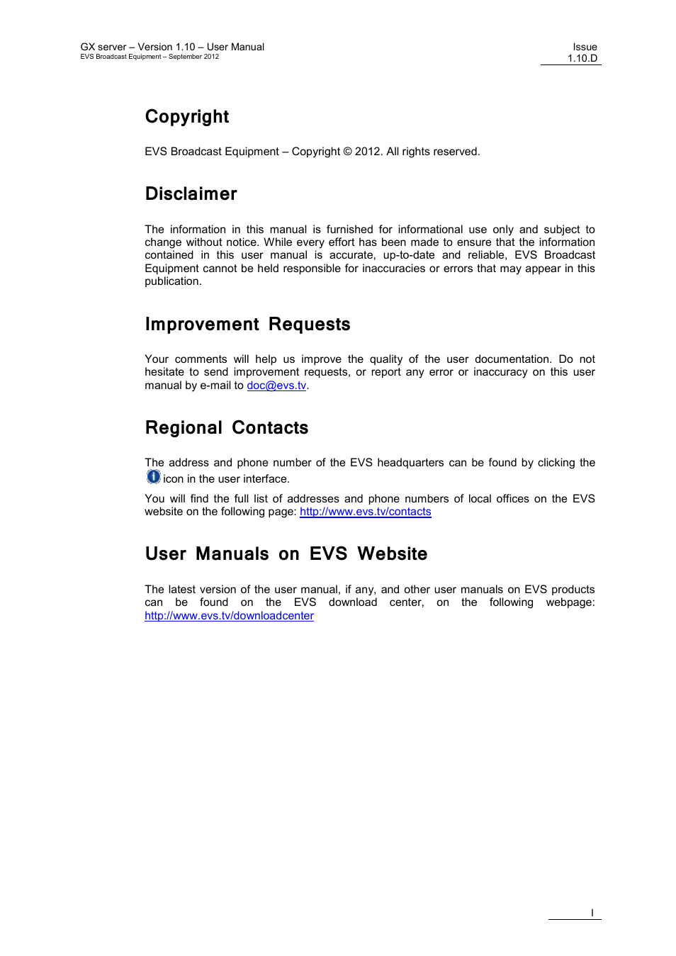 Copyright, Disclaimer, Improvement requests | Regional contacts, User manuals on evs website | EVS GX Version 1.10 User’s Manual User Manual | Page 3 / 74