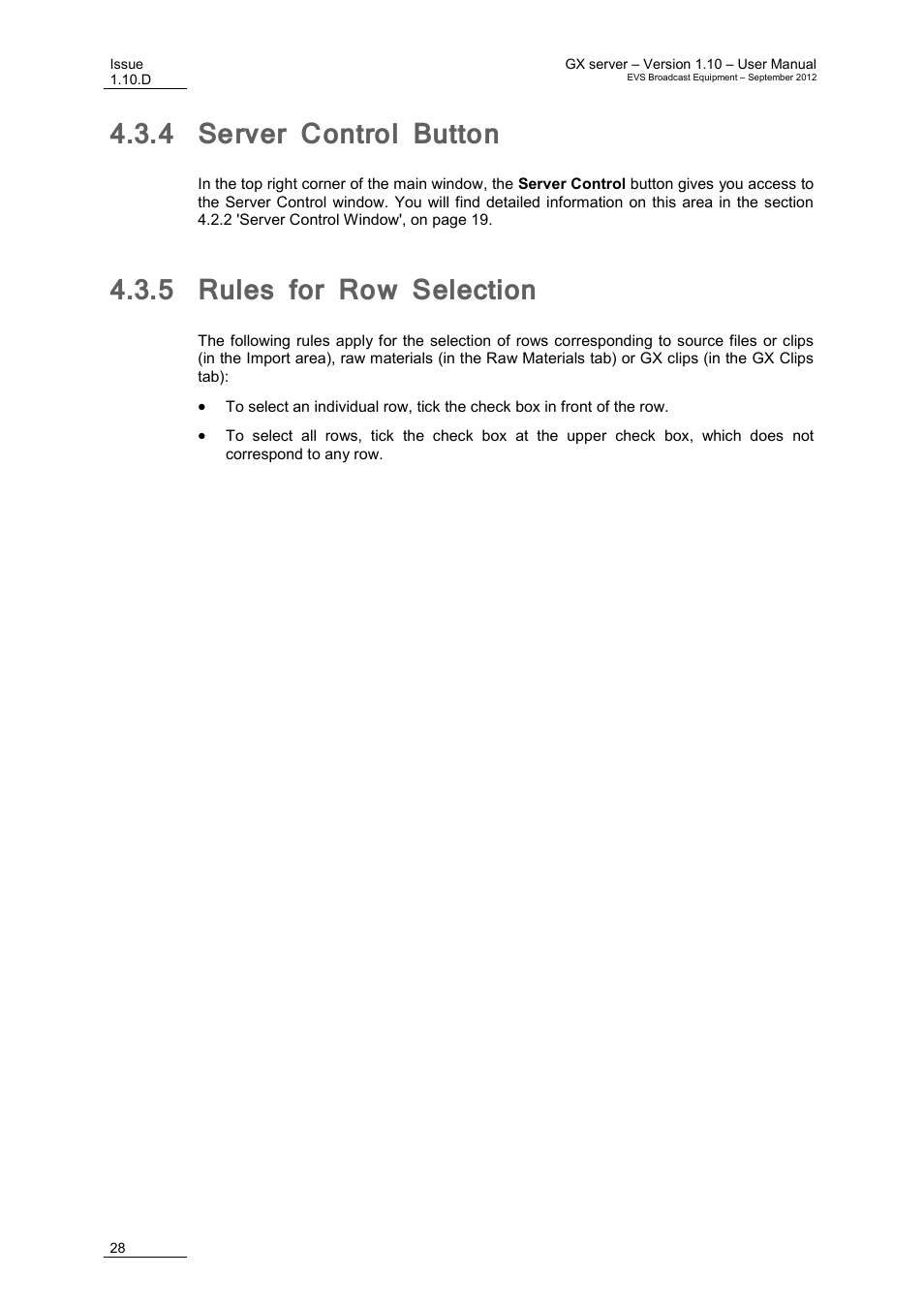 4 server control button, 5 rules for row selection, Server control button | Rules for row selection, E 28, On 4.3.5 | EVS GX Version 1.10 User’s Manual User Manual | Page 36 / 74