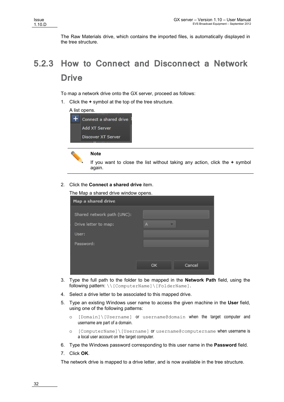 3 how to connect and disconnect a network drive, How to connect and disconnect a network drive, E 32 | EVS GX Version 1.10 User’s Manual User Manual | Page 40 / 74