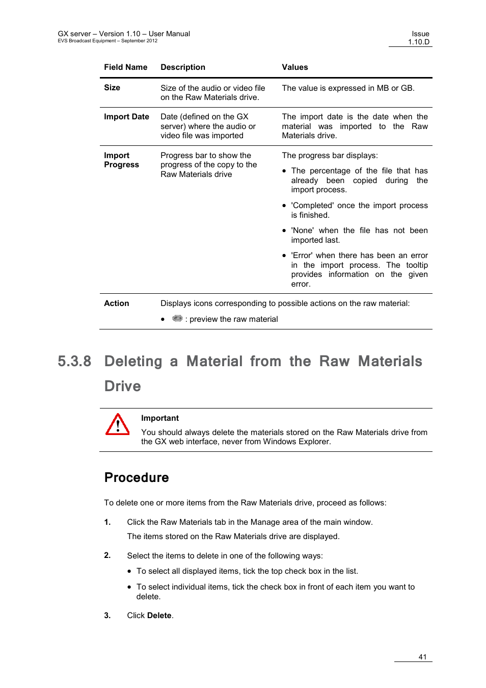 8 deleting a material from the raw materials drive, Procedure, Deleting a material from the raw materials drive | On 5.3.8, E 41 | EVS GX Version 1.10 User’s Manual User Manual | Page 49 / 74