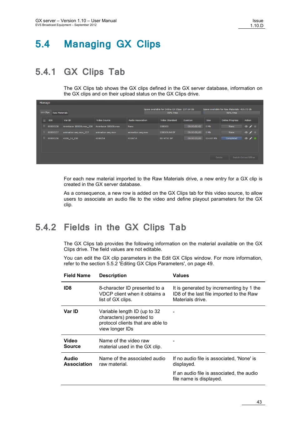 4 managing gx clips, 1 gx clips tab, 2 fields in the gx clips tab | Gx clips tab, Fields in the gx clips tab, On 5.4.2, E 43, N 5.4 'managing gx clips, Ge 43 | EVS GX Version 1.10 User’s Manual User Manual | Page 51 / 74