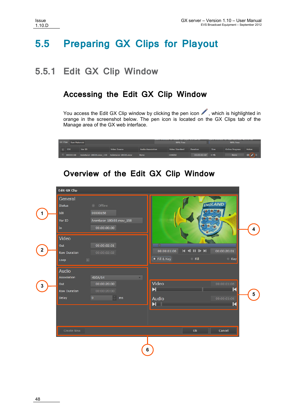 5 preparing gx clips for playout, 1 edit gx clip window, Accessing the edit gx clip window | Overview of the edit gx clip window, Edit gx clip window, On 5.5.1, E 48, On 5.5) | EVS GX Version 1.10 User’s Manual User Manual | Page 56 / 74