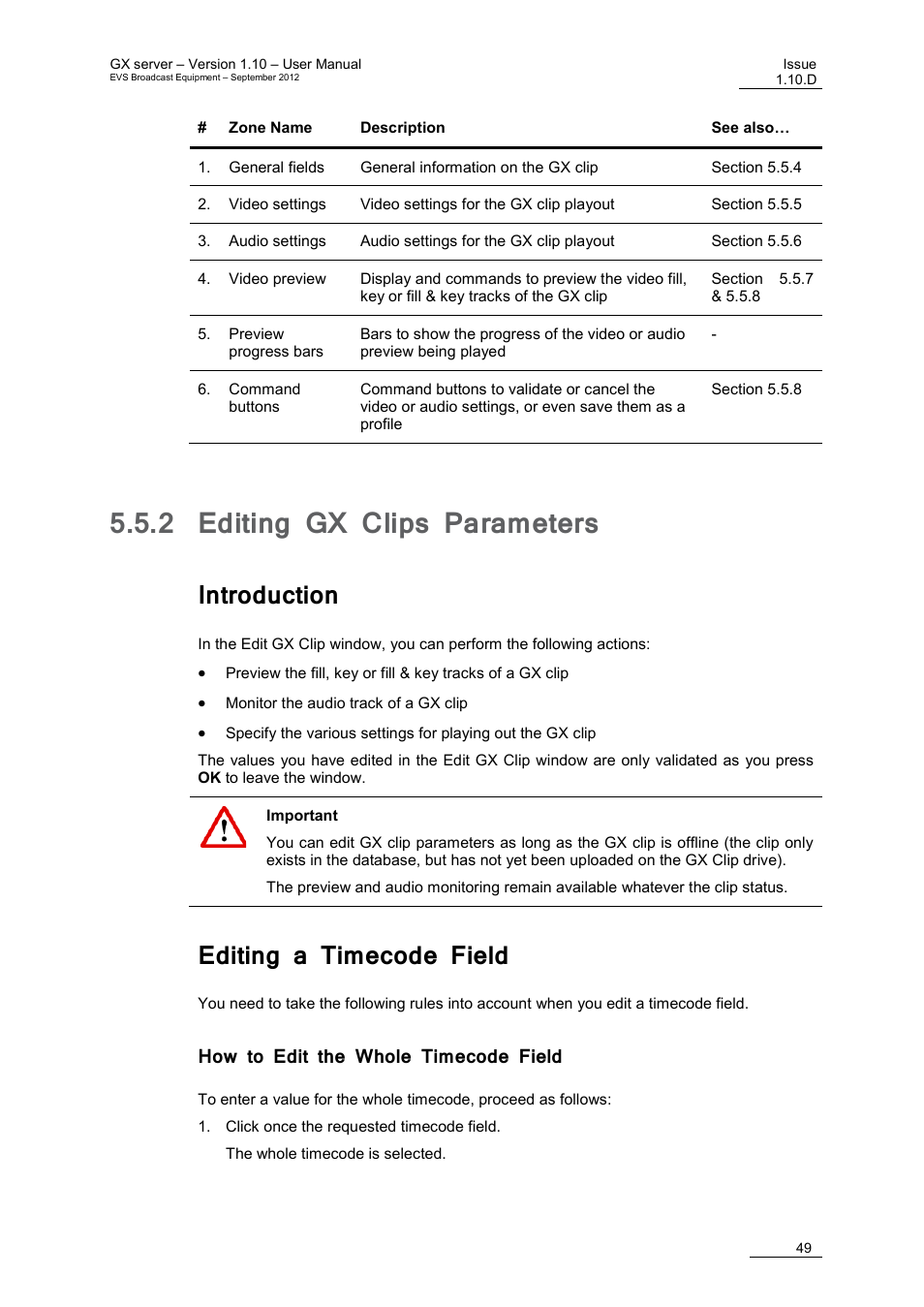 2 editing gx clips parameters, Introduction, Editing a timecode field | How to edit the whole timecode field, Editing gx clips parameters, E 49, 2 'editing gx clips, Parameters | EVS GX Version 1.10 User’s Manual User Manual | Page 57 / 74
