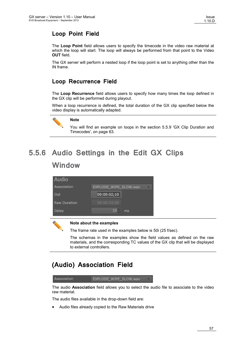 Loop point field, Loop recurrence field, 6 audio settings in the edit gx clips window | Audio) association field, Audio settings in the edit gx clips window, E 57, On 5.5.6 | EVS GX Version 1.10 User’s Manual User Manual | Page 65 / 74
