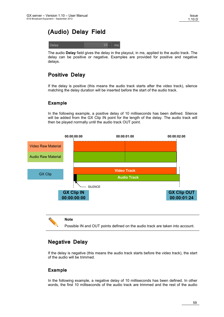 Audio) delay field, Positive delay, Example | Negative delay, N '(audio) delay field, E 59 | EVS GX Version 1.10 User’s Manual User Manual | Page 67 / 74