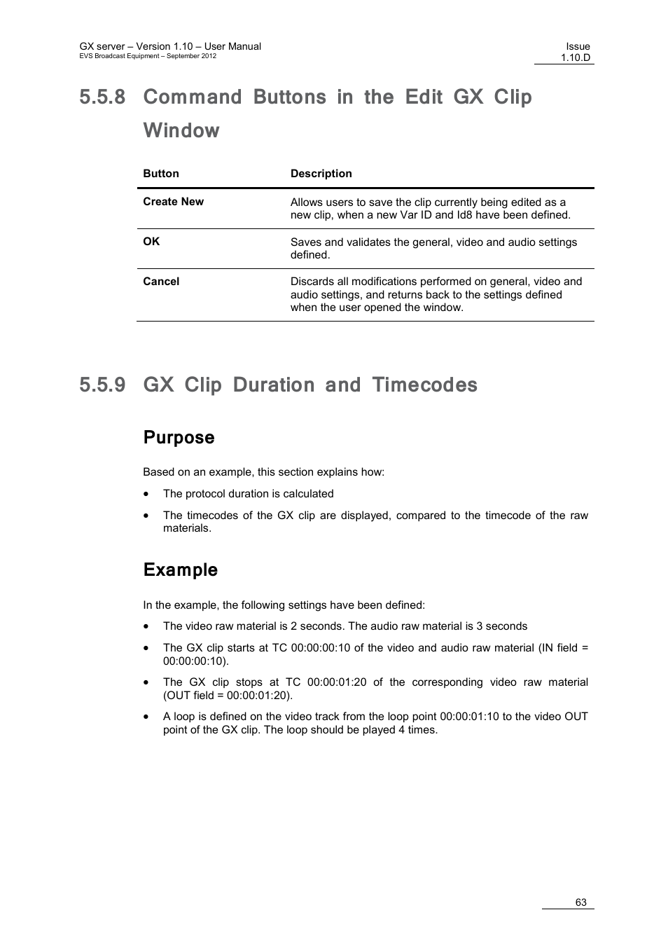 8 command buttons in the edit gx clip window, 9 gx clip duration and timecodes, Purpose | Example, Command buttons in the edit gx clip window, Gx clip duration and timecodes, E 63, On 5.5.8 | EVS GX Version 1.10 User’s Manual User Manual | Page 71 / 74