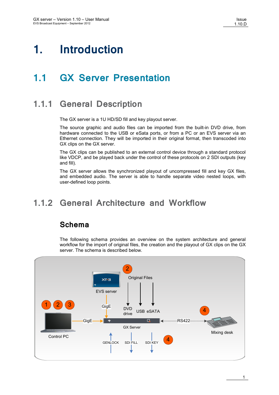Introduction, 1 gx server presentation, 1 general description | 2 general architecture and workflow, Schema, Ntroduction, General description, General architecture and workflow | EVS GX Version 1.10 User’s Manual User Manual | Page 9 / 74