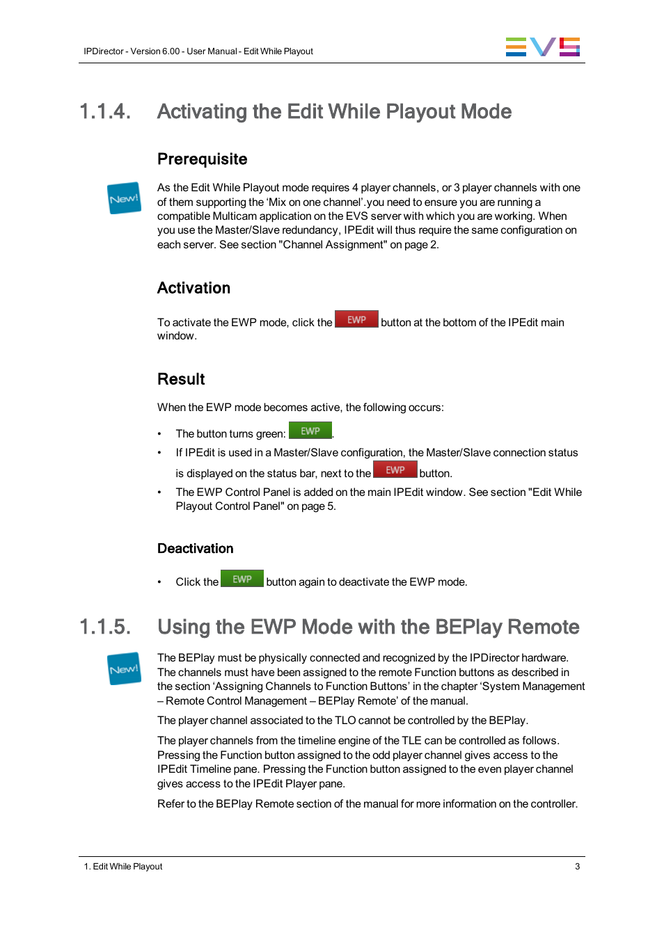 Activating the edit while playout mode, Using the ewp mode with the beplay remote, Prerequisite | Activation, Result | EVS IPDirector Version 6.0 - November 2012 Part 9 User's Manual User Manual | Page 11 / 26